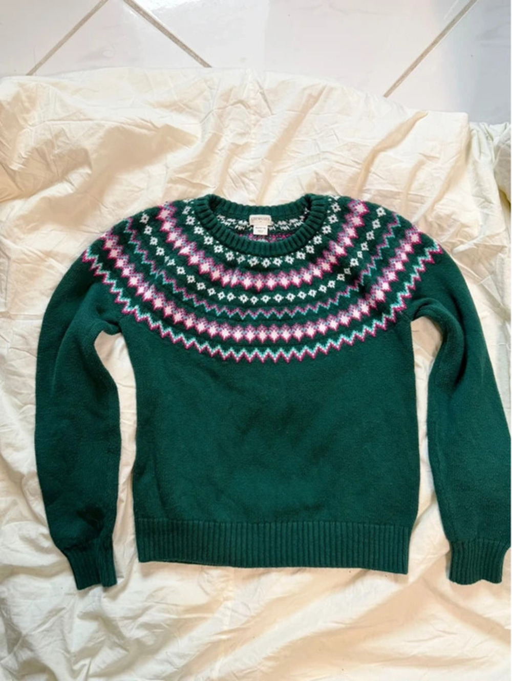 Crewcuts J Crew Girls XL Green Fair Isle Sweater 100% Cotton Holiday Preppy